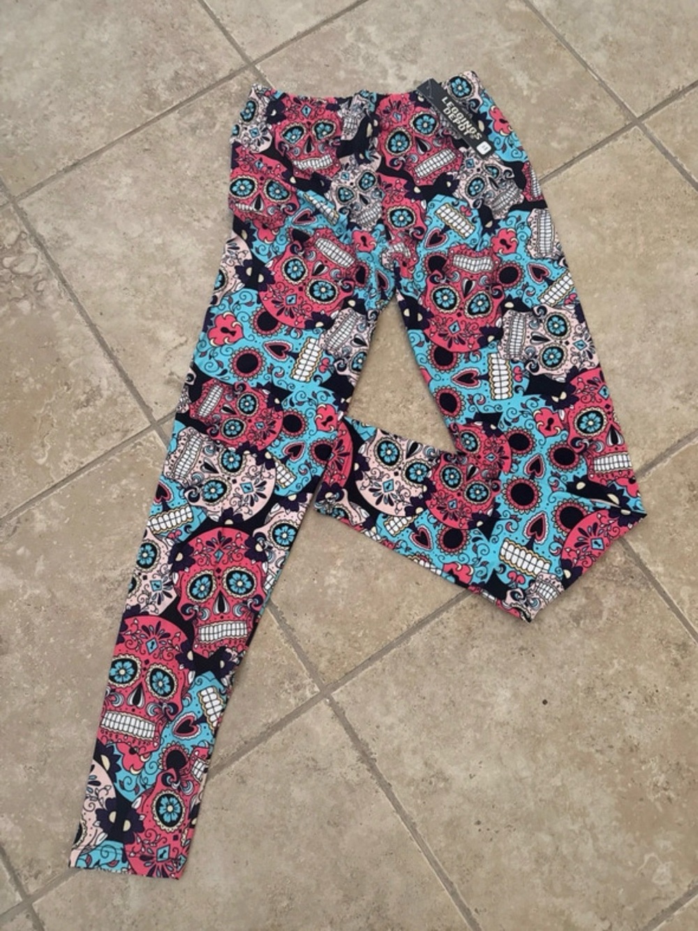 NWT Leggings Depot Black, Pink & Blue Sugar Skull Leggings OS